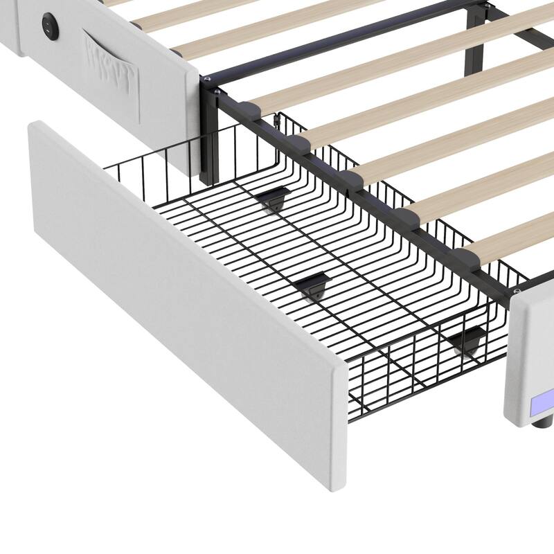 Javlergo Bed Frame with LED Lights and Charging Station Linen Fabric Bed with Drawers Wooden Slats