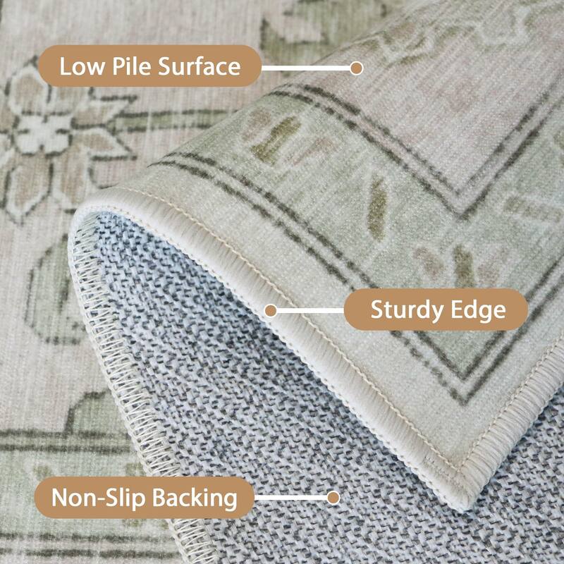 Mcow Green Floral Faded Low Pile Machine Washable Non-Slip Area Rug - 2'X6'