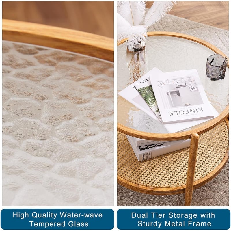 VINGLI Double-Layered Round Water Ripple Glass with Heat Transfer Wood Grain Iron Frame Coffee Table
