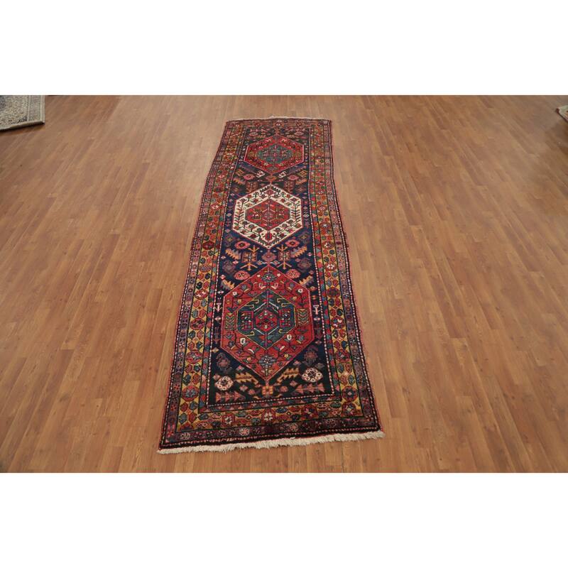 Hand Knotted Oriental 100% Wool Carpet Traditional Tribal Navy Blue & Blues Ardebil Runner Rug - 10' 10'' X 3' 6''