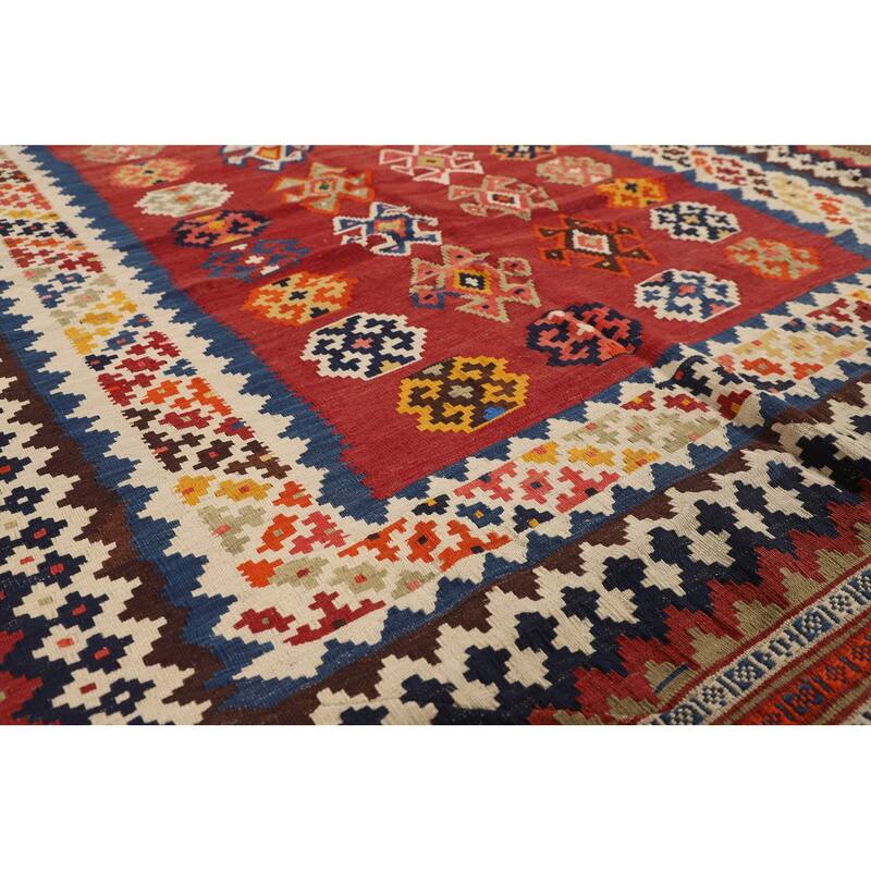 Red Kilim Qashqai Persian Vintage Rug Flatweave Geometric Wool Carpet - 5'4"x 7'7"