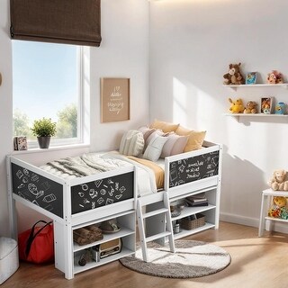 Wood Twin Size Low Loft Bed with Shelves, Ladder and Guardrail ...