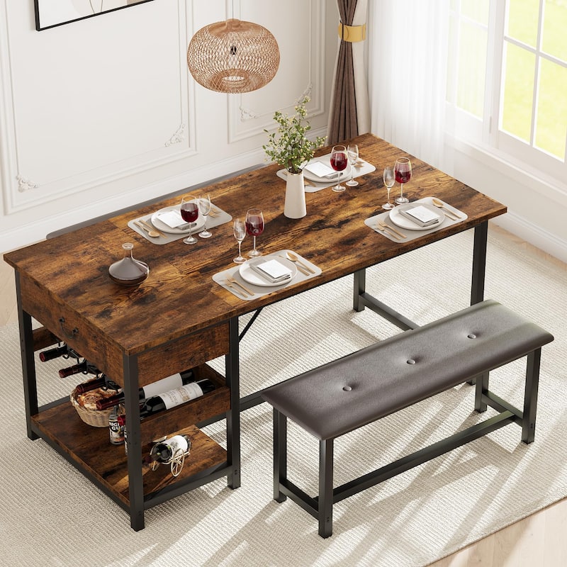 3 Piece Dining Table with Upholstered Benches, Storage Drawer - Brown