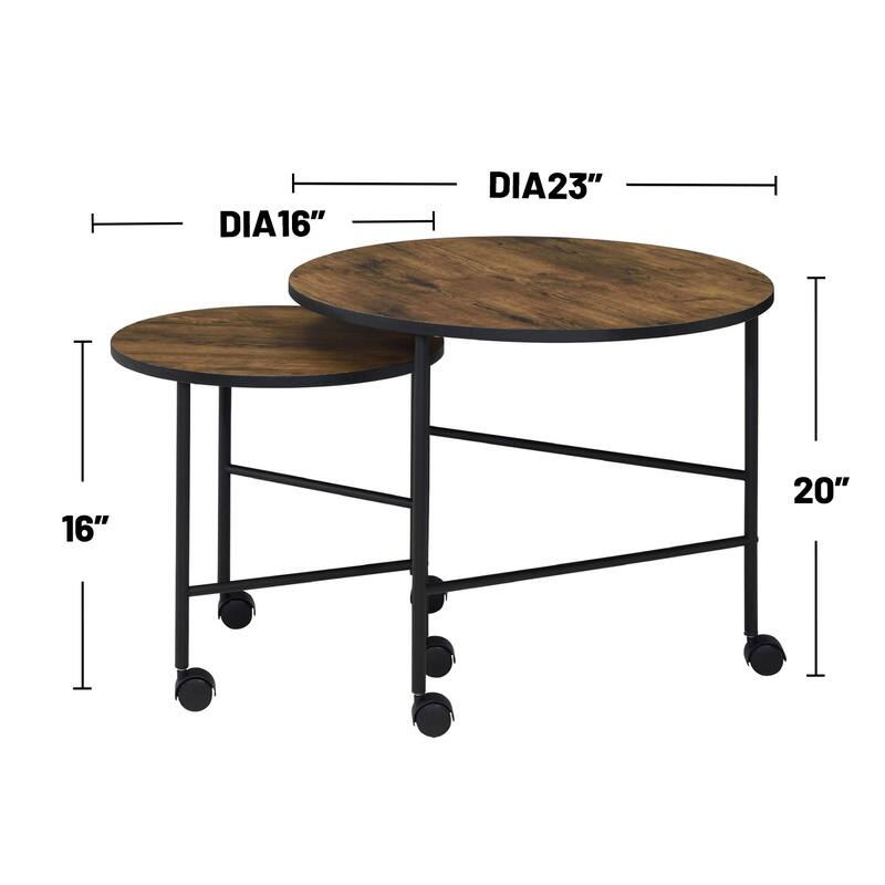 2 Piece Nesting Table Set with Caster-Wheels, Vintage Oak