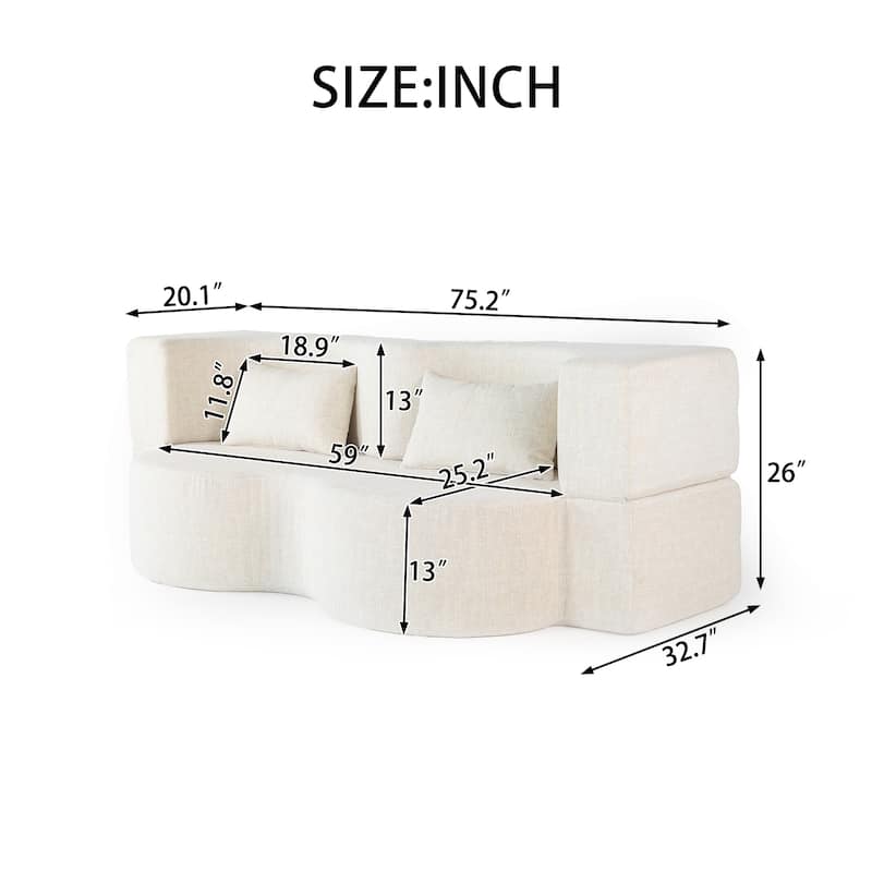 75" Convertible Foldable Sofa Bed, Memory Foam Upholstered 3-Seat Cloud Couch Mattress with 2 Pillows