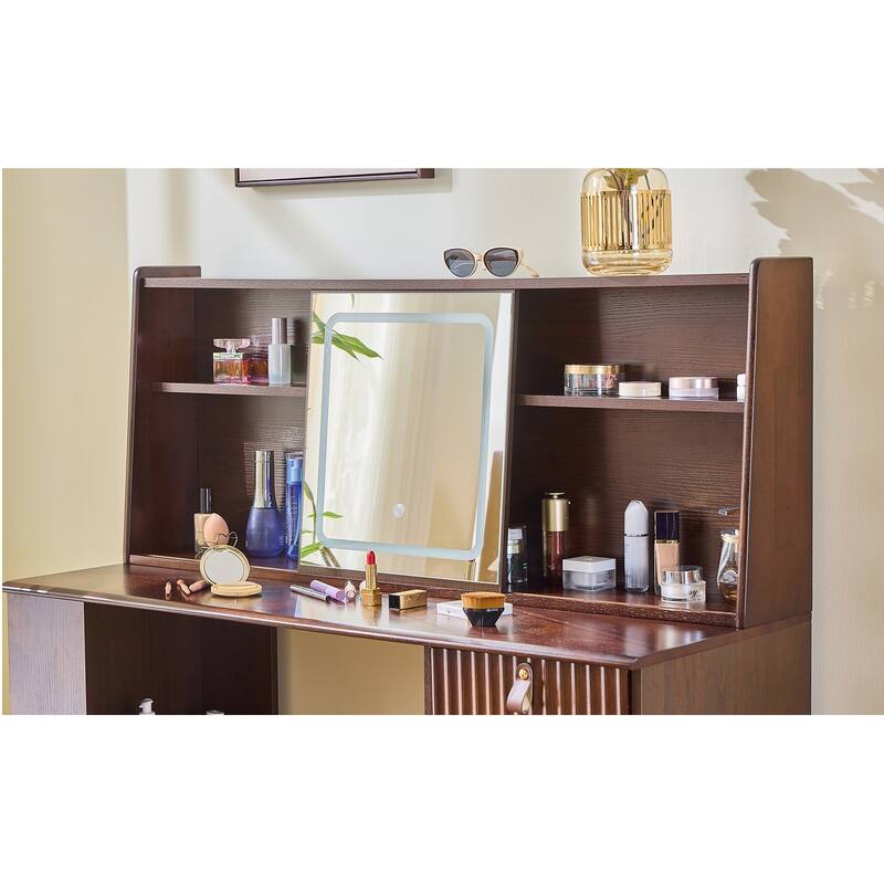 Elegant Makeup Vanity Desk With 3 Modes Adjustable Lighted Mirror, Dressing Table Set With Large Shelves, Drawer And Canbinet