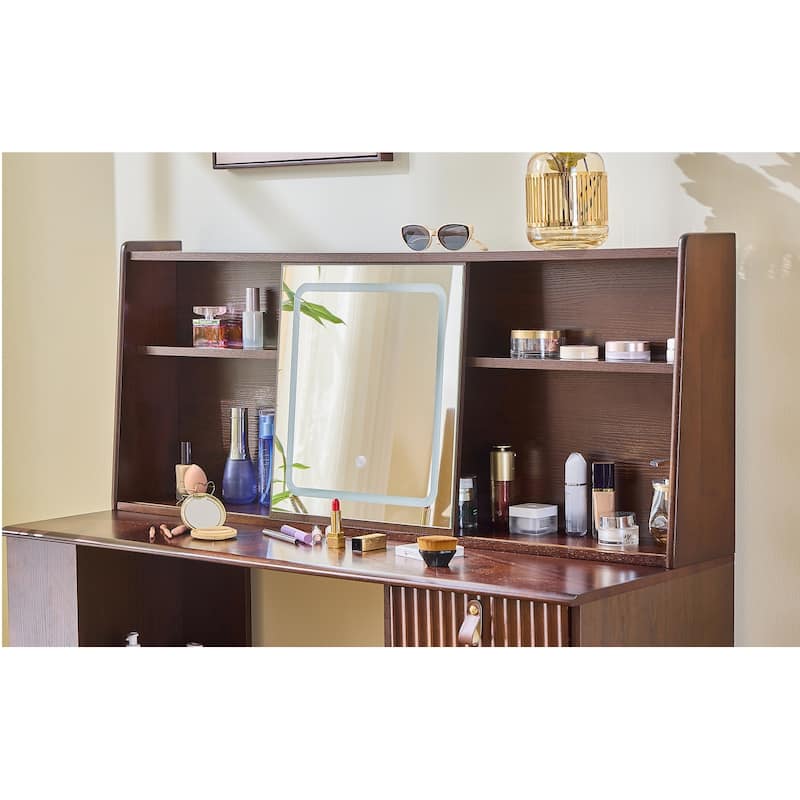 Elegant makeup vanity desk with 3 modes Adjustable Lighted Mirror,modern dressing table set with large shelves
