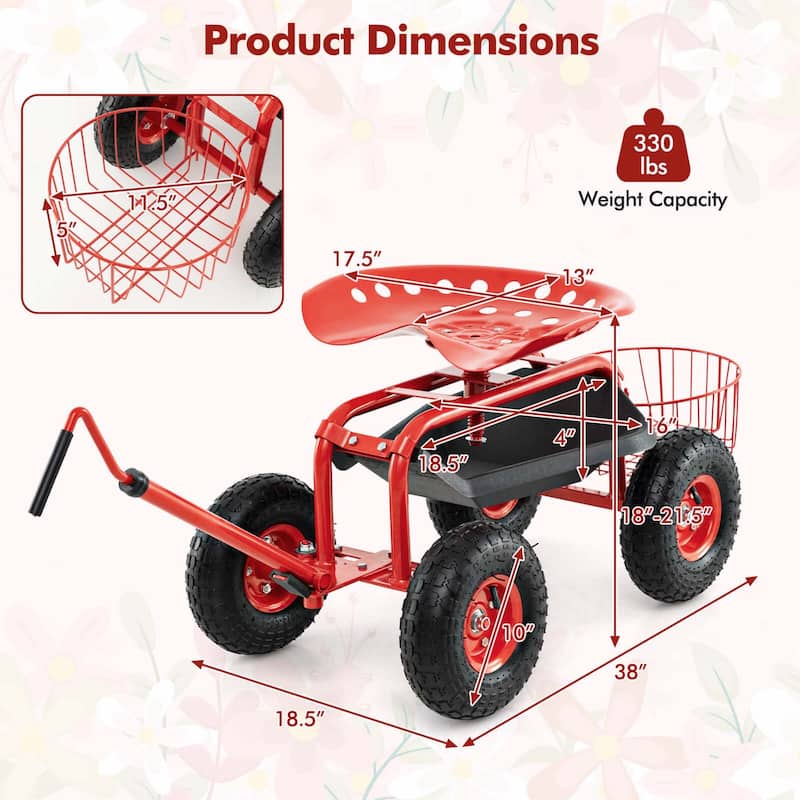 Costway Garden Cart Rolling Work Seat Wagon Scooter for Planting with - See Details