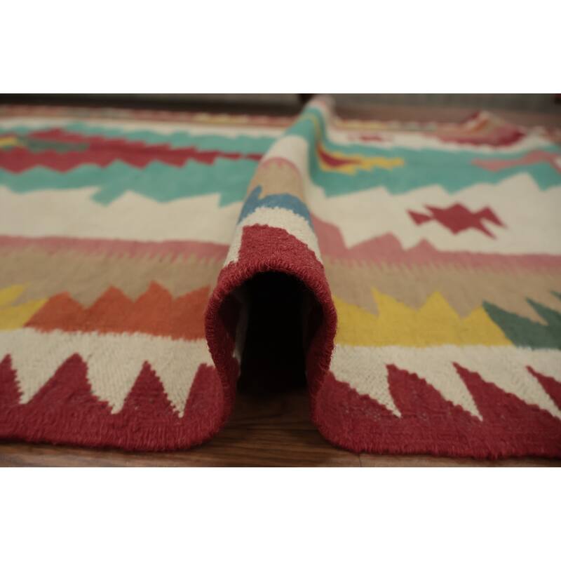 Hand Woven Oriental 100% Wool Carpet Southwestern Tribal Multi-Colored Kilim Runner Rug - 14' 10'' X 4' 9''