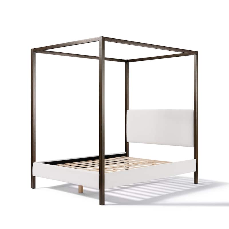 Metal Canopy Bed Frame with Upholstered Headboard & Copper 4 Poster/Wood Slats Support/No Box Spring Needed/Easy Assembly/White - White Copper - Full
