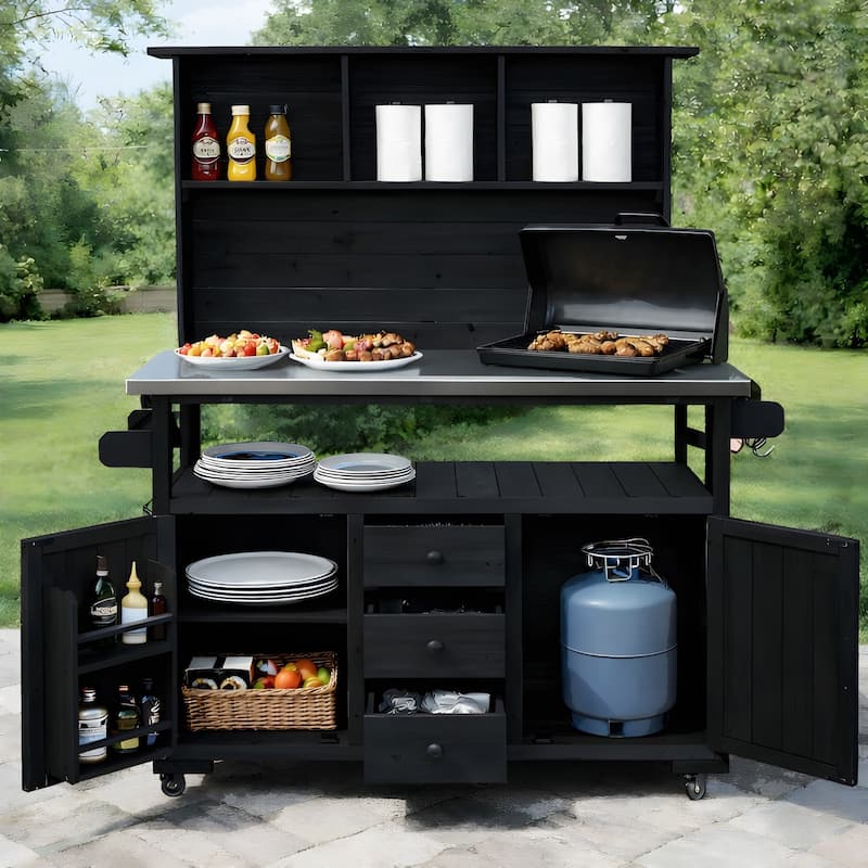 65''H Outdoor Potting Bench Garden Storage Table w/Lockable Wheels, Drawers, Cabinets & Side Hooks - N/A - Black
