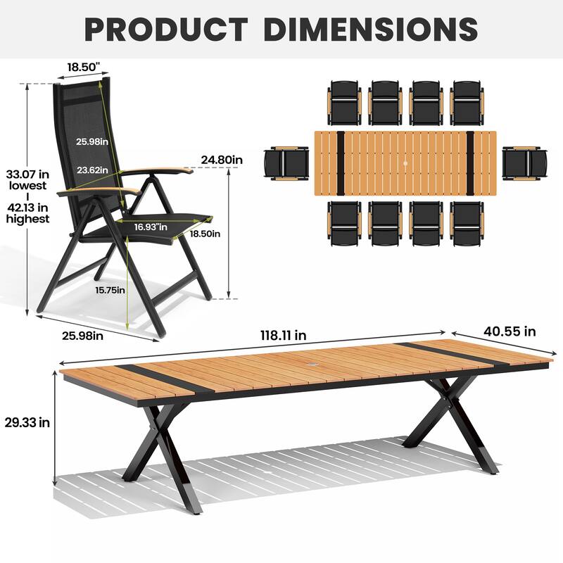 11-Piece Set Outdoor Aluminum Dining Table with Umbrella Hole and Foldable Chairs