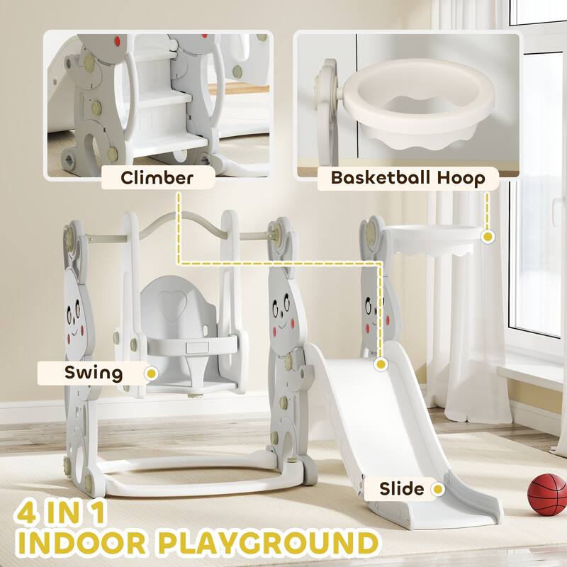 Gray 4 in 1 Kids Playset with Slide Swing Climber and Basketball Hoop for Toddlers 18 to 48 Months - 58.1" L x 63" W x 42.1" H