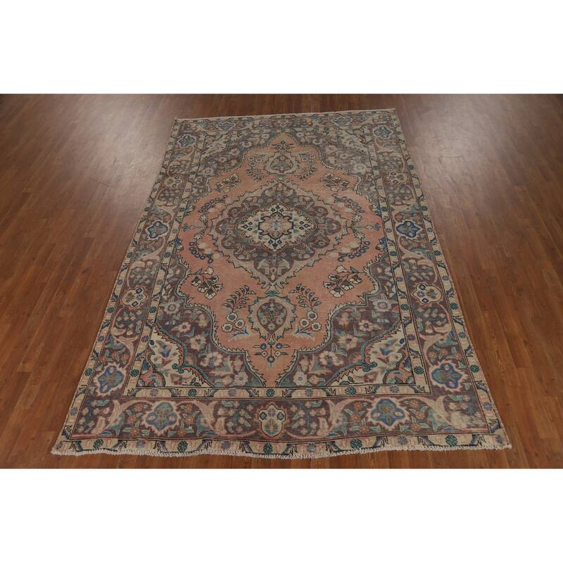 Vintage Medallion Tabriz Persian Area Rug Handmade Wool Carpet - 6'4" x 9'7"