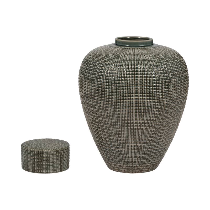 Sagebrook Home Dempsey Green Lidded Jar - Stoneware, Green, Checkered, Bud, Elegant Color, Perfect Accent Piece