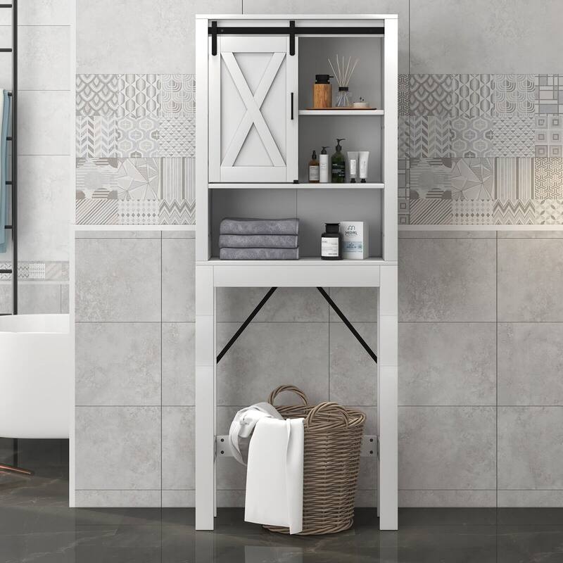 3-Tier White Over Toilet Bathroom Storage Cabinet Freestanding Organizer with Adjustable Shelves and Door - 27"W x 8.5"D x 67"H