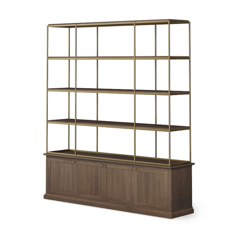 HomeRoots 82" Antiqued Brass And Brown Distressed Metal and Solid Wood Four Tier Bookcase with Four Doors