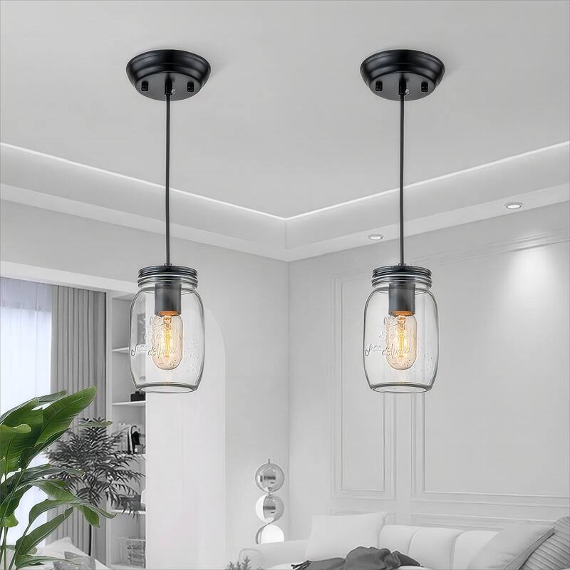 Starsky 1-Light Modern Farmhouse Black Mason Jar Chandelier Single Pendant Light set of 2