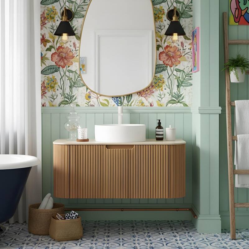 Wall Mounted Bathroom with White Round Ceramic Basin and Drawer