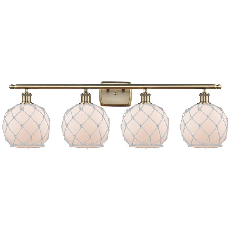 Innovations Lighting Endless Possibilities Ballston - Farmhouse Rope - 4 Light 38" Bath Vanity Light - Antique Brass/White Glass with White Rope