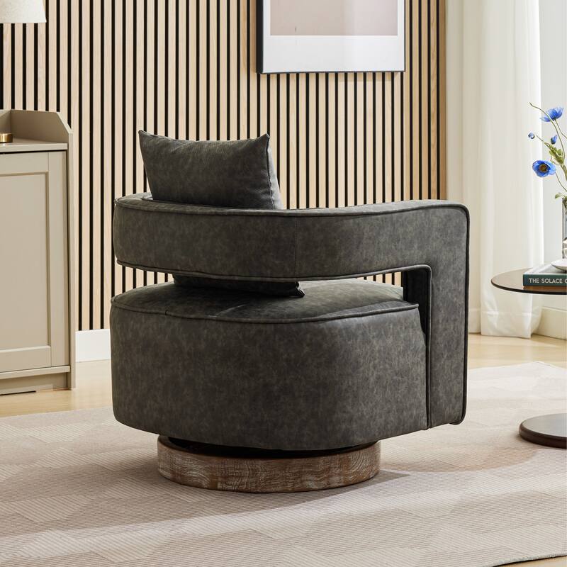 Modern Swivel Chair,PU leather Barrel Chair with Wooden Base and pillow