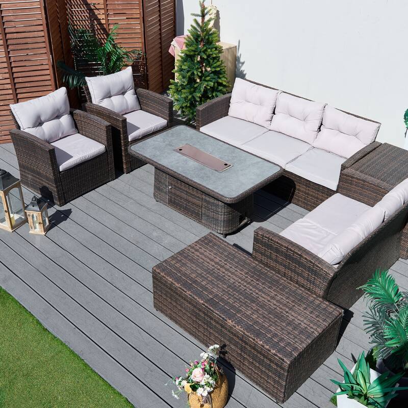 7-Piece PE Wicker Patio Fire Pit Sofa Set with Adjustable Propane Fire Table and Storage Side Tables