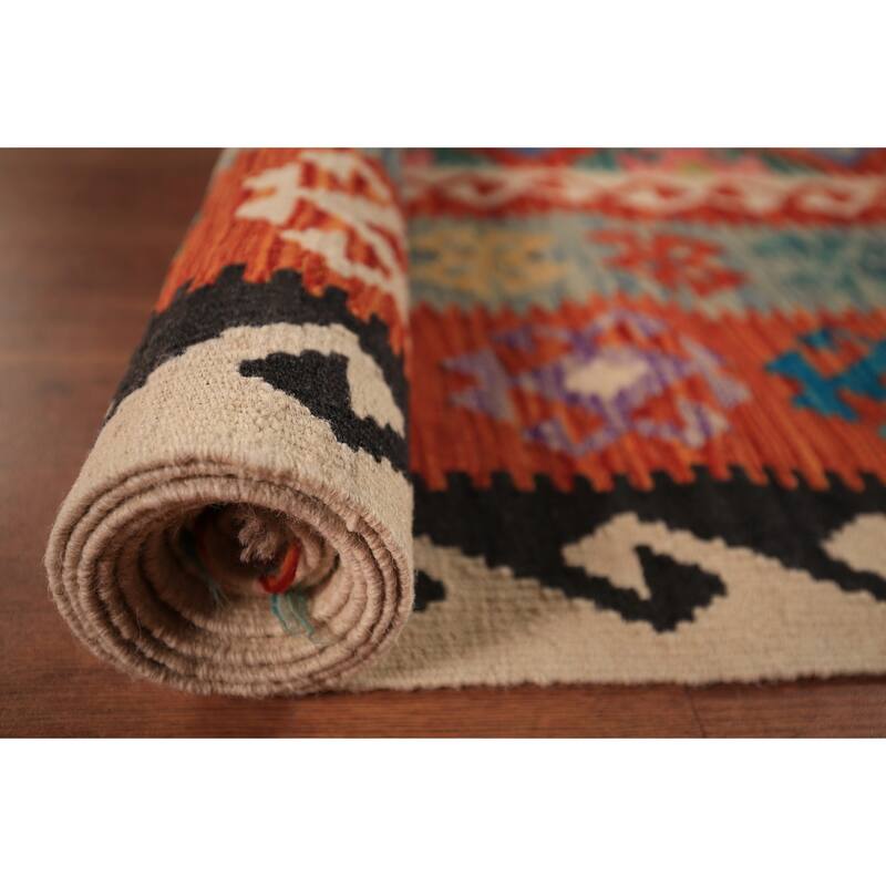 Kilim Oriental Area Rug Hand-Woven Orange Wool Carpet - 8'1" x 9'10"