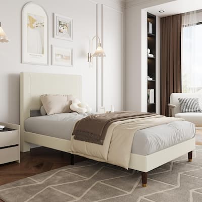 Twin Bed Frame Upholstered Platform Bed with Fabric Headboard, Non-Slip and Noise-Free