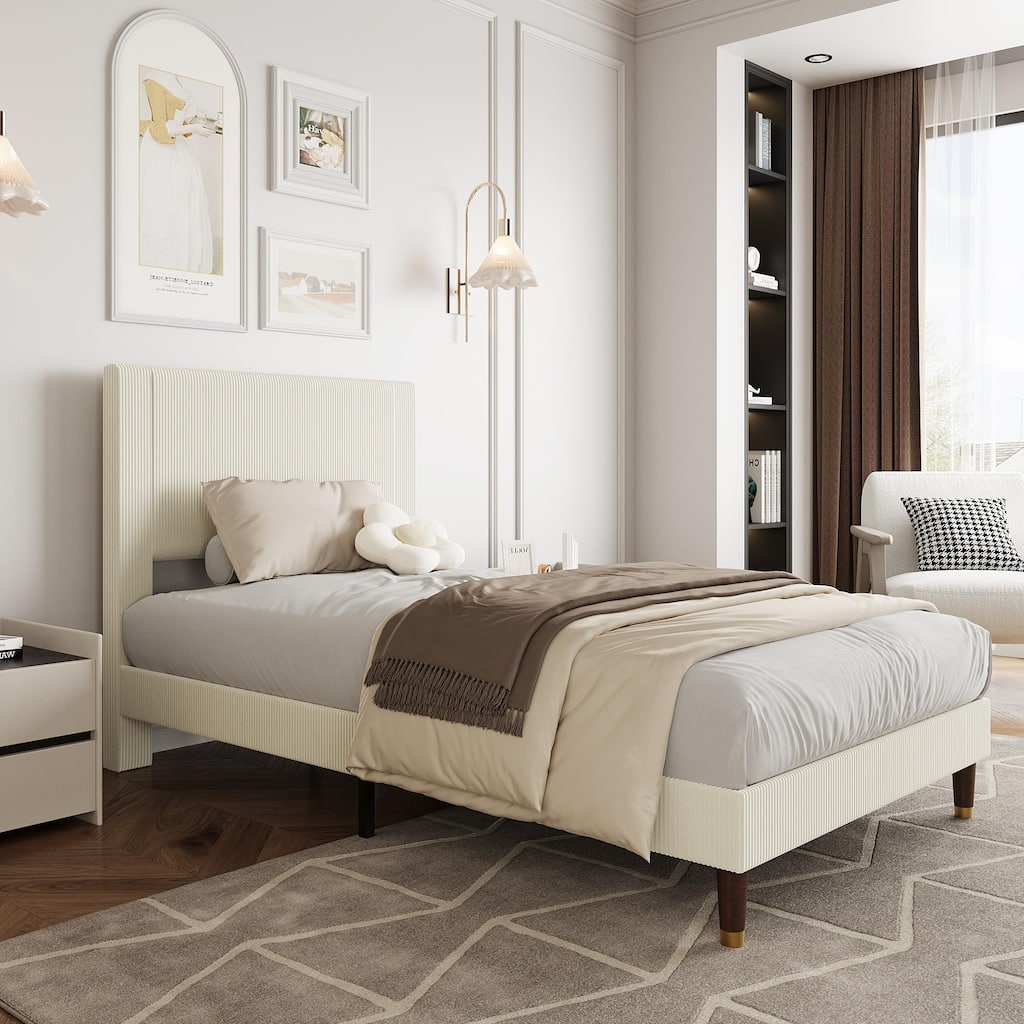 Twin Bed Frame Upholstered Platform Bed with Fabric Headboard, Non-Slip and Noise-Free
