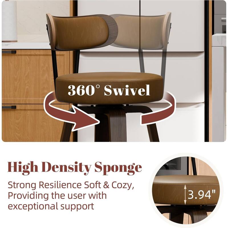 XINMICS 26 Inches Swivel Counter Height Bar Stools with Faux Leather Upholstered Pad Wood Back, Set of 2/3/4