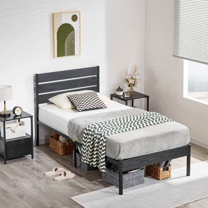 Modern Industrial Platform Bed Frame with Black Oak Headboard
