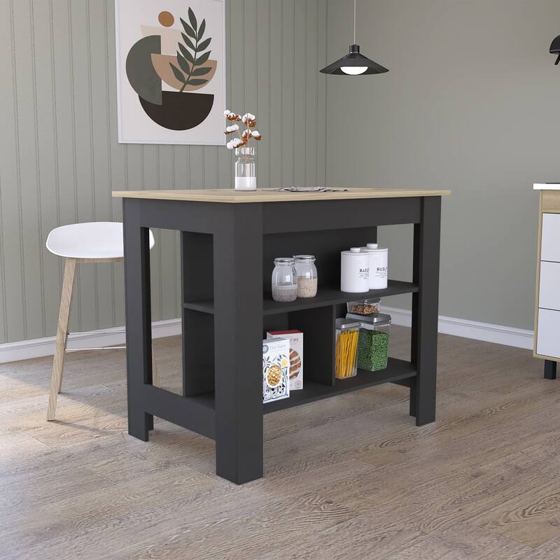 Cala Kitchen Island, Four Legs, Three Shelves -Black / Light Oak