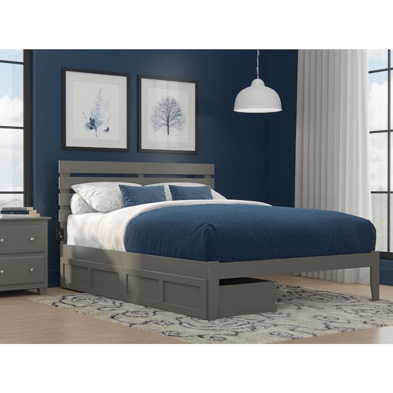 Platform Bed with Drawers & USB Charger - Grey Finish - Solid Wood - No Box Spring Needed