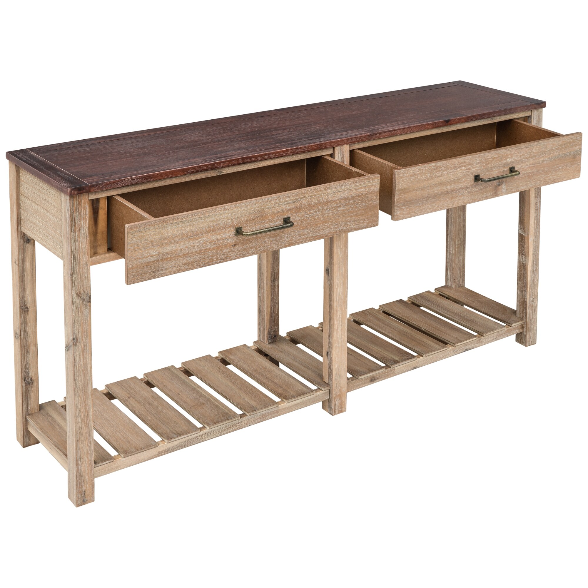 Oak Wood 2-Drawer Entryway Console Table with Slatted Shelf - Bed