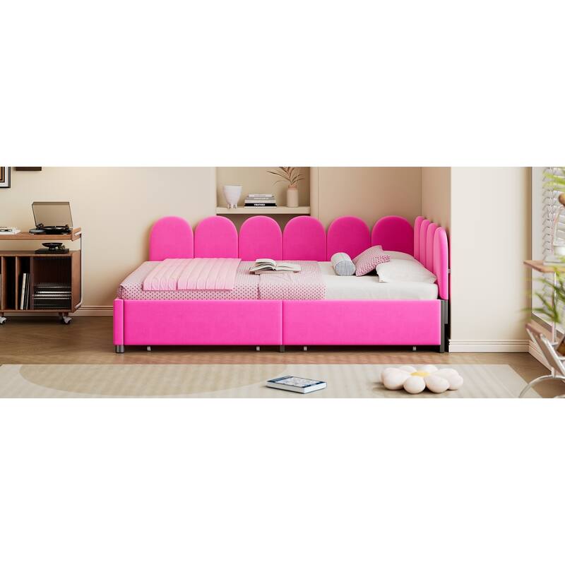 Velvet Upholstered Daybed with Two Drawers and Soft Headboard