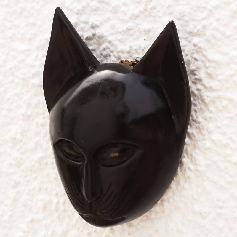 Novica Handmade Feline Of My Land African Wood Mask