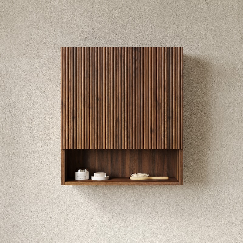 26" Wall-Mounted Striped Bathroom Cabinet, with Doors, Shelf and Open Storage