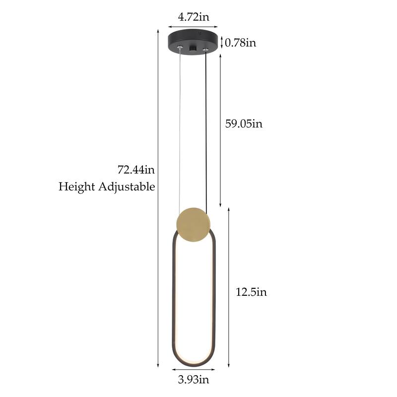 7-Watt 1-Light Black Elliptical Shade Integrated LED Pendant Light, Classic Semi Flush Mount Chandelier for Dining Room