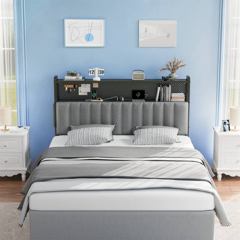 Adjustable Upholstered Headboard with 2 Tier Shelves with Charging Stations and LED Lights, Modern Bed Headboard with Storage