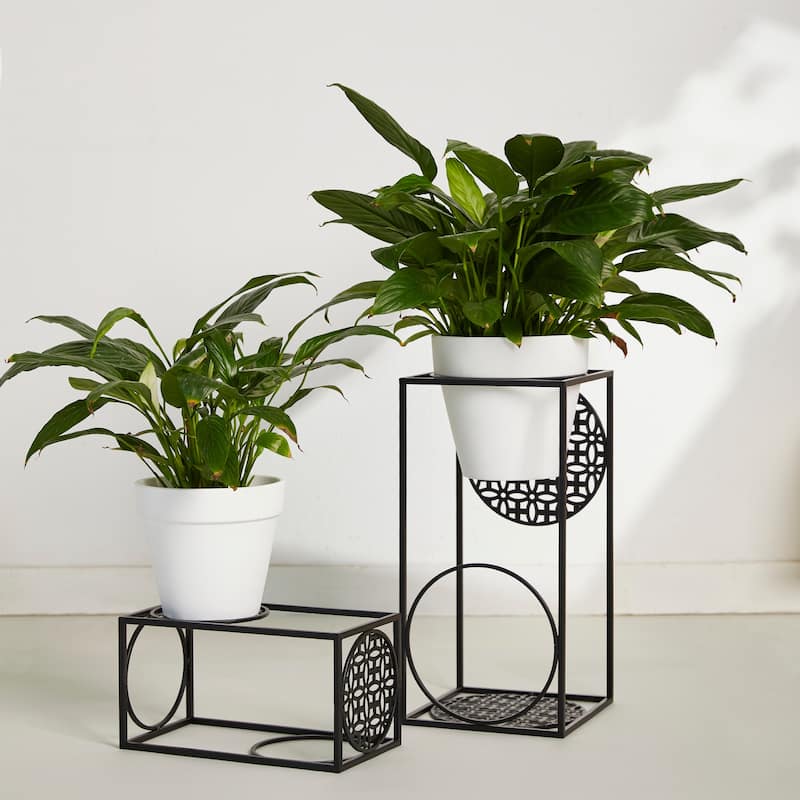 Glitzhome Set of 2 Black Metal Wire Rectangular Nesting Planter Stand Side Table