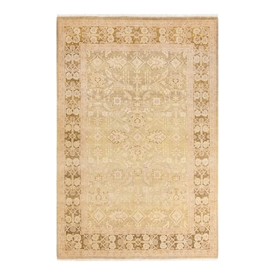 Overton Handknotted Wool Contemporary Floral Green Area Rug - 6' x 9'