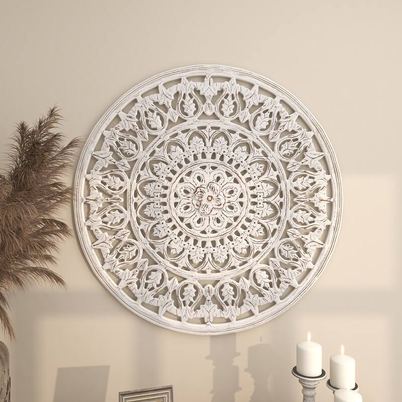 White Wood Handmade Intricately Carved Round Mandala Floral Home Wall Decor
