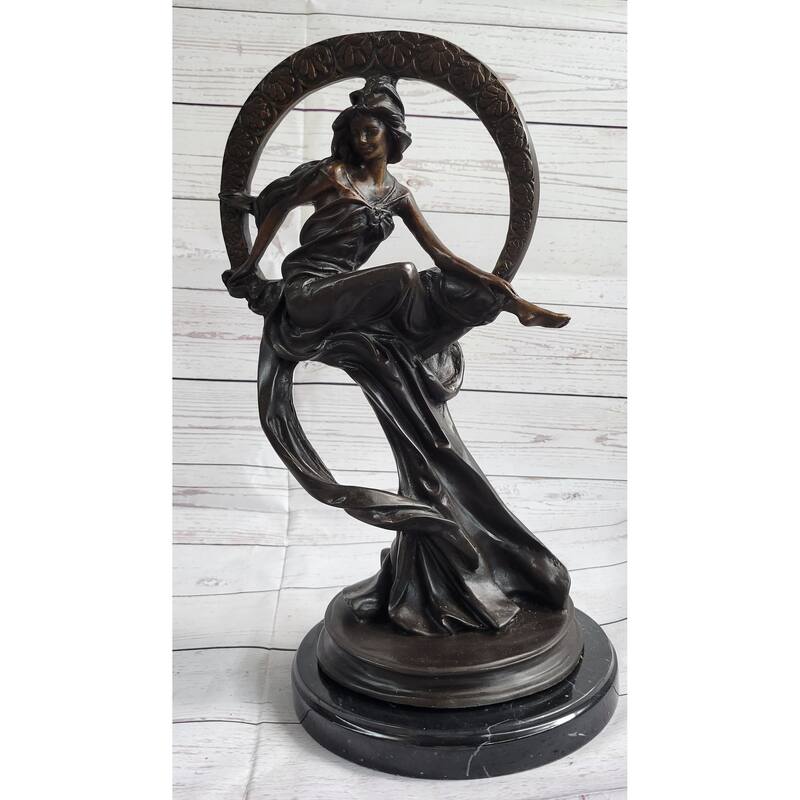 Girl Sitting On The Moon Bronze Statue Sculpture Art Deco Nouveau 17 Inches X 10 Inches