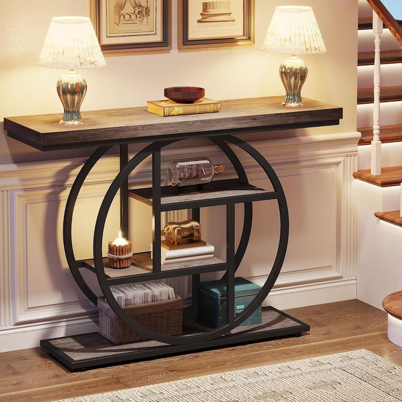 Modern Grey Wood Entryway Table 41-inch Narrow Console with Circular Metal Frame Shelves - 11.81"W x 41.34"L x 31.5"H