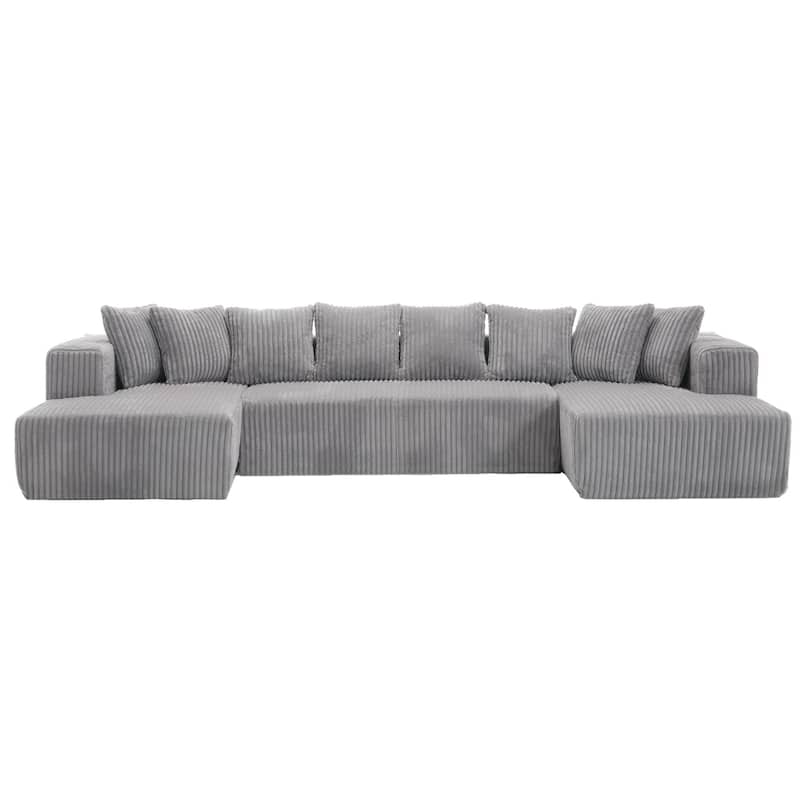 Large U-Shaped Sectional Couch with Chaise Lounge, Striped Corduroy Upholstery, Gray