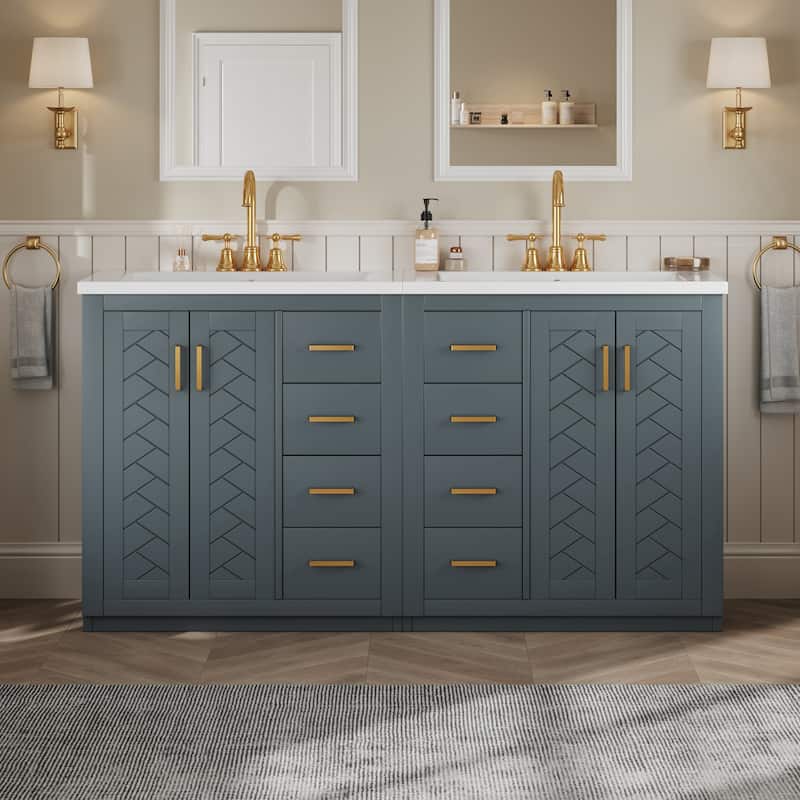 Roomfitters 60" Double Sink Bathroom Vanity with Ceramic Top, Solid Wood Storage Cabinet with Drawers and Soft Close Doors