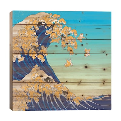 Shiba Inu In Great Waves Print On Wood by Big Nose Work - Multi-Color