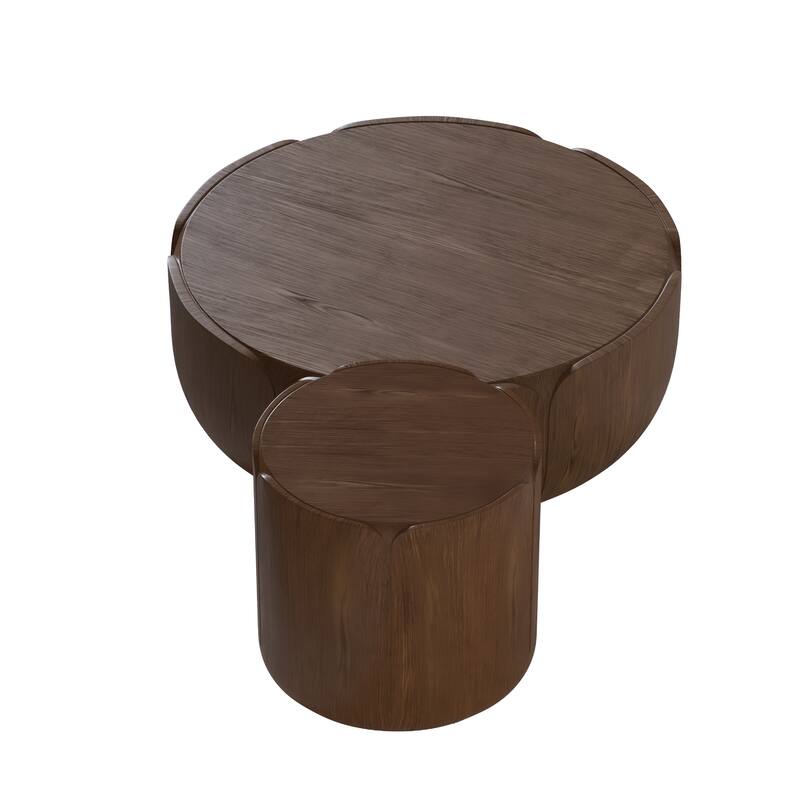 Round Outdoor/Indoor Coffee Table Set, Modern Wood Grain Drum Center Tables