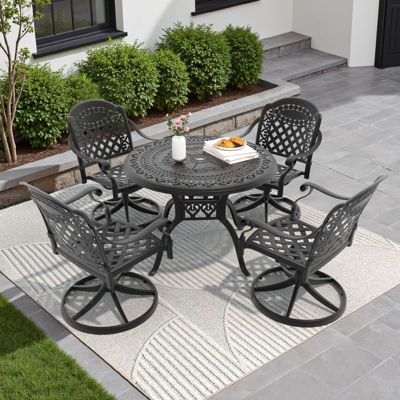 5-Piece Aluminum Round Outdoor Patio Dining Set, 4 Cushioned Swivel Chairs, Table, All-Weather Frames