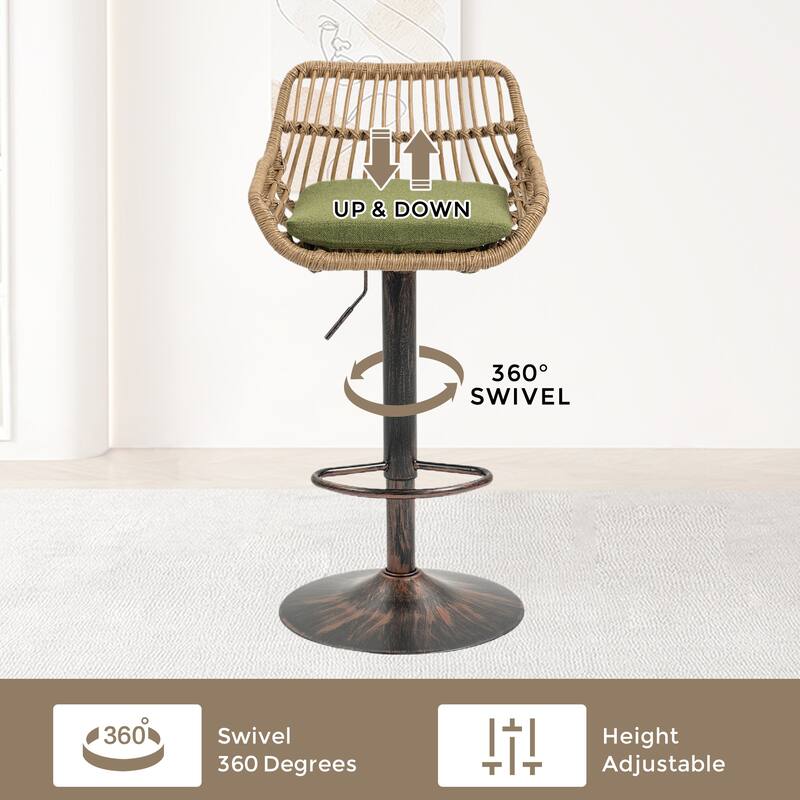 360° Swivel Bar Stools Set of 2, Adjustable Counter Height Chairs with Footrest, Rattan Bar Chairs with Cushions